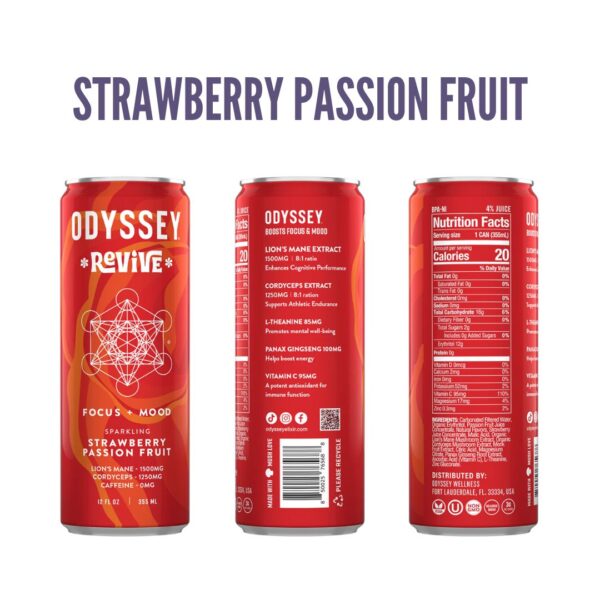 3 different angles of the ODDYSSEY Strawberry Passion Fruit elixir that shows the front, side, and back of the label. All images are underneath the word, "Strawberry Passion Fruit"