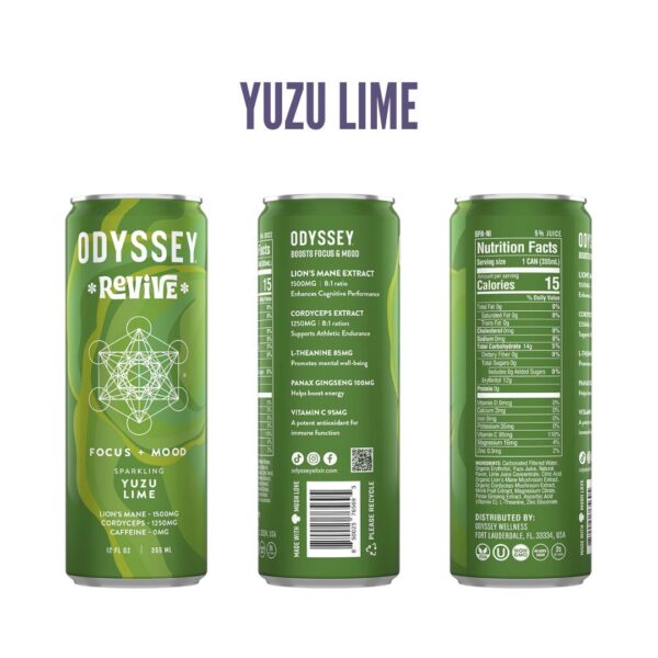 3 different angles of the ODDYSSEY Yuzu Lime elixir that shows the front, side, and back of the label. All images are underneath the word, "YUZU LIME"