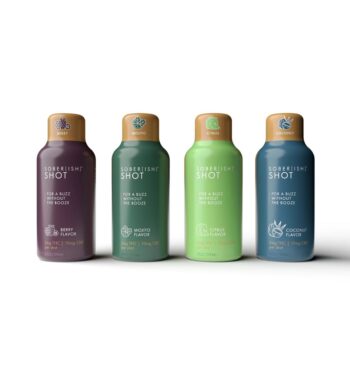 1 bottle each of all 4-flavors of Sober(ish) wellness shots lined up next to each other on a white background.