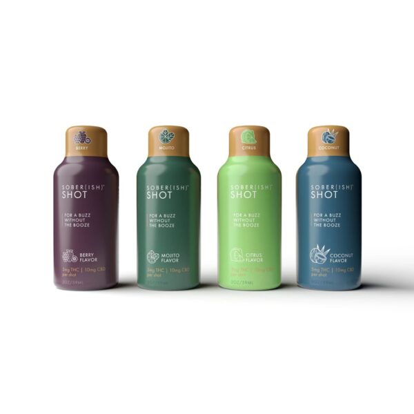 1 bottle each of all 4-flavors of Sober(ish) wellness shots lined up next to each other on a white background.