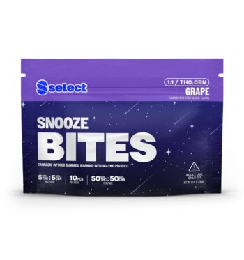 A single bag of Select Snooze Bites Gummies on a white background.