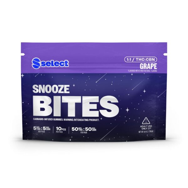 A single bag of Select Snooze Bites Gummies on a white background.