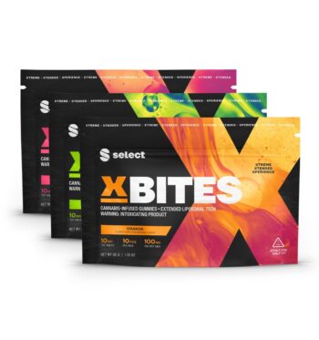 A trio of Select's XBITES gummies stacked on top of each other on a white background.