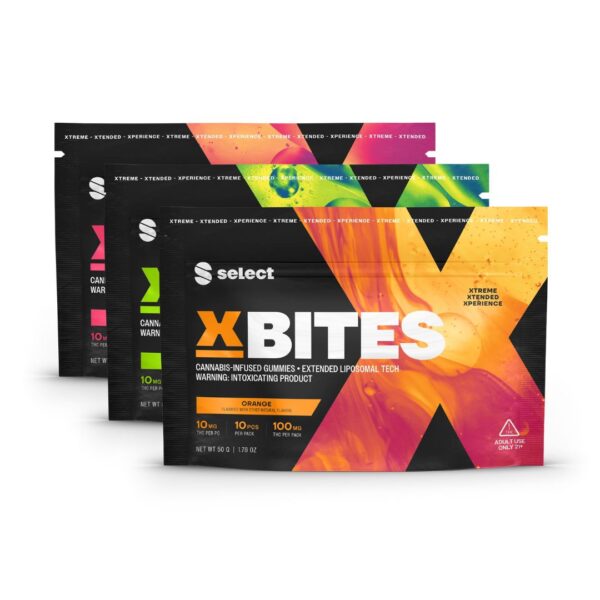 A trio of Select's XBITES gummies stacked on top of each other on a white background.