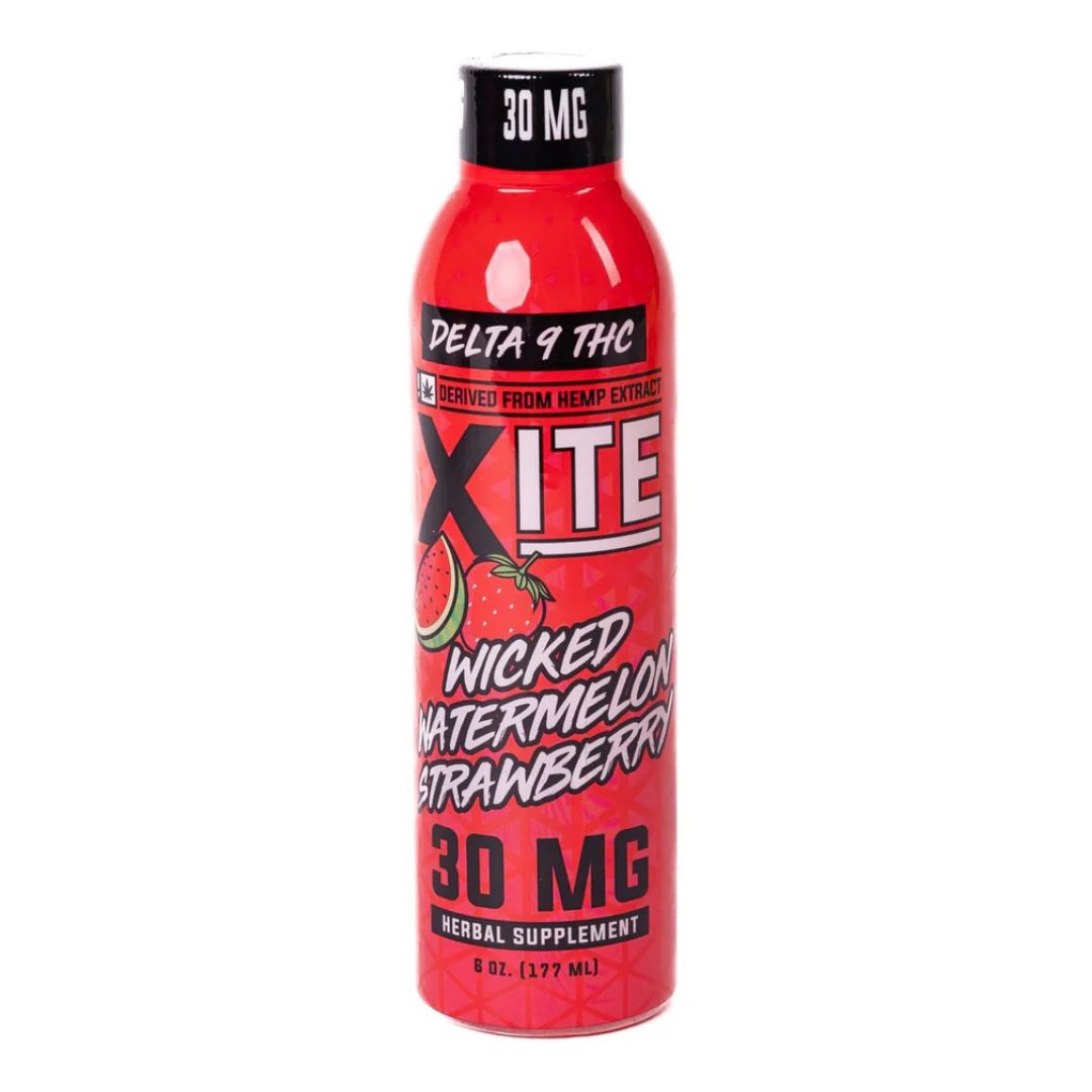 A single bottle of XITE's Wicked Watermelon Strawberry drink on a white background.