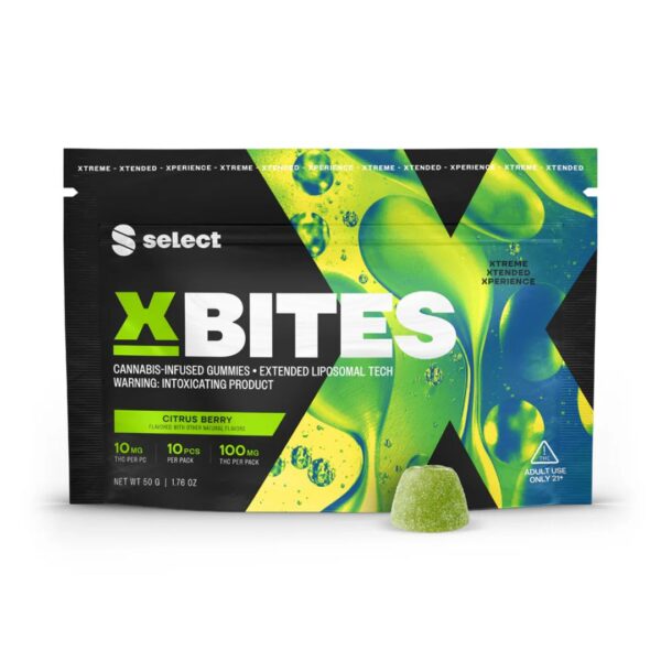 A bag of Select's Citrus Berry XBITES with a single gummy, all on a white background.