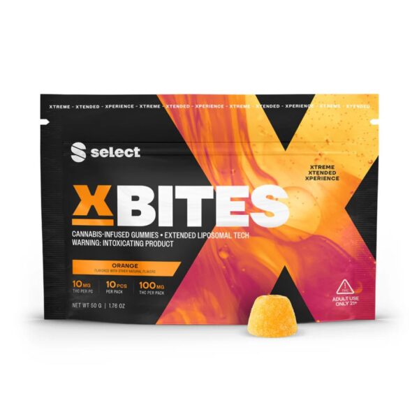 A bag of Select's Orange XBITES with a single gummy, all on a white background.