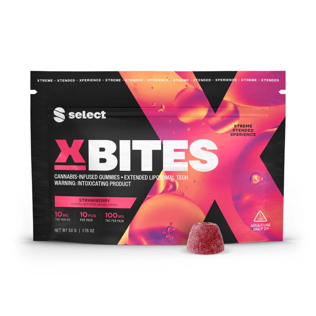 A bag of Select's Strawberry XBITES with a single gummy, all on a white background.