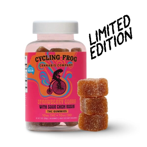A single bottle of Cycling Frog's Strawberry Guava Live Rosin gummies with a stack of its gummies next to it, to show texture. Everything is on a white background, with the words, "Limited Edition".